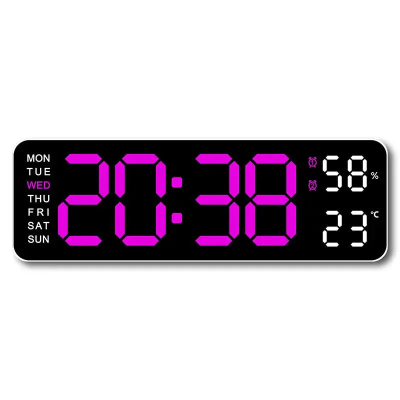 9-inch digital wall clock with USB power, purple LED display shows time, weekday and humidity/temperature