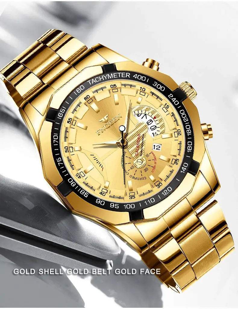 BINBOND original quartz men's wristwatch in gold-tone stainless steel with black tachymeter bezel and date window