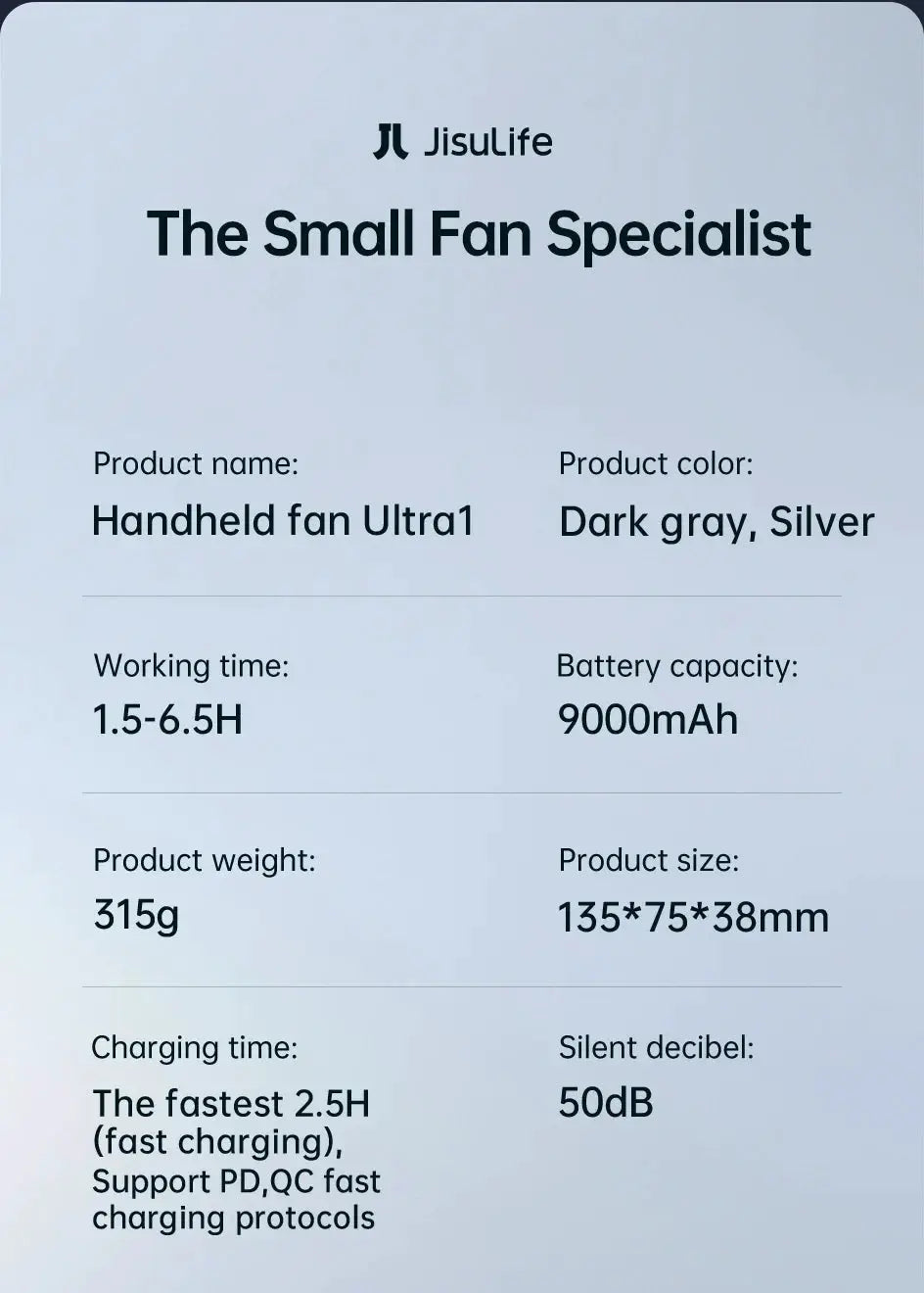 Handheld fan Ultra1 by JISULIFE (Simples Market) in dark gray, silver; 9000mAh battery, 50dB, 135×75×38mm