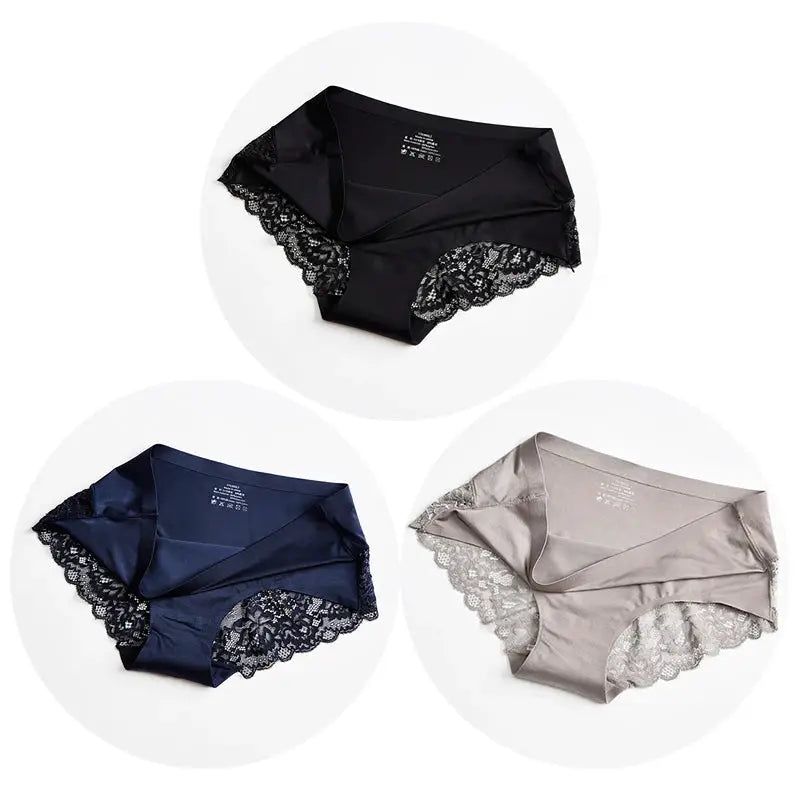 Three-piece women's satin lace panties set in black, navy, and beige.