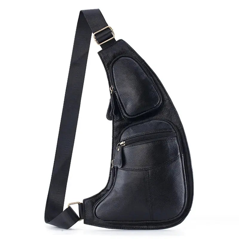 Men's black genuine leather crossbody sling bag by Simples Market with front pockets
