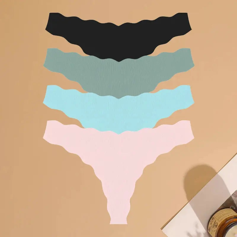 4-pack women's seamless thong underwear set in black, gray, aqua, pink; ultra-soft, breathable low-rise T-back design.