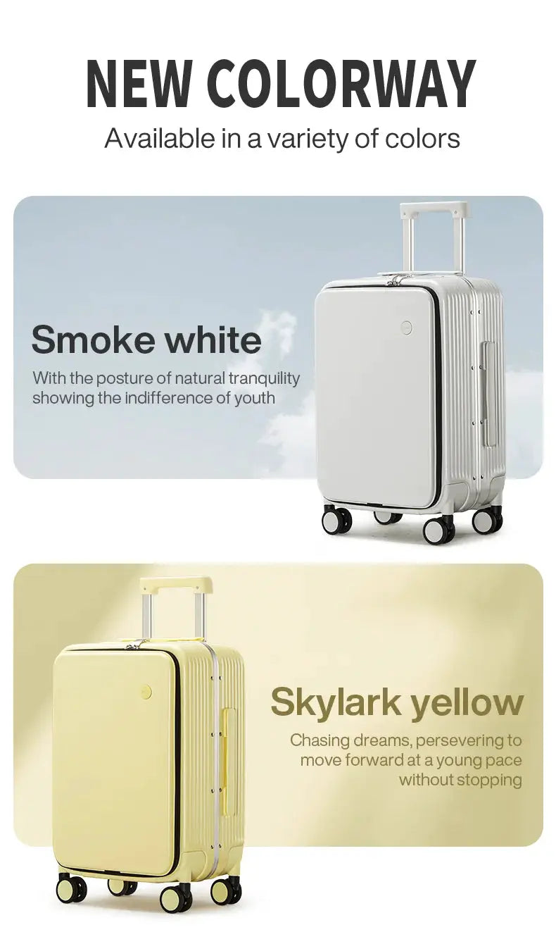 Aluminum-frame carry-on suitcase by Simples Market in smoke white and skylark yellow with USB port, set of two