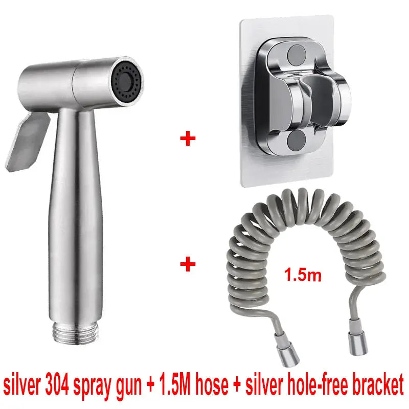 Handheld spray gun set in silver 304 stainless steel with 1.5m hose and wall-mount bracket by Simples Market