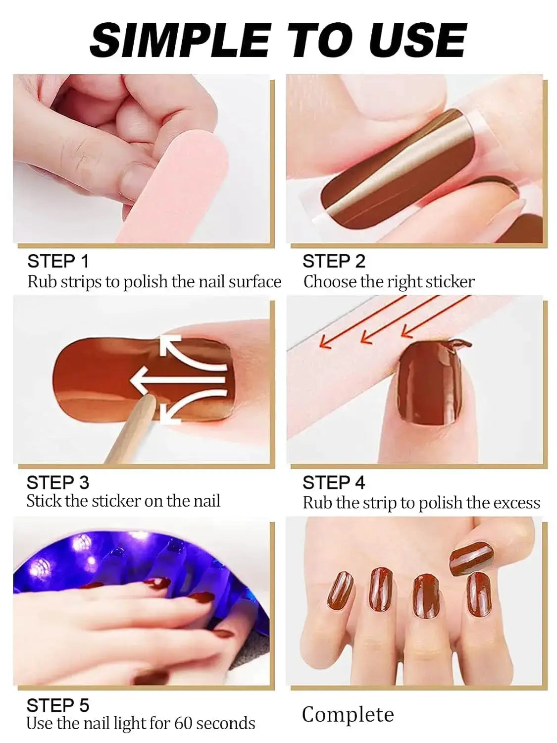 Simples Market gel nail wrap set with 16/20/22 tips; full-cover, semi-cured brown stickers for DIY UV lamp manicure