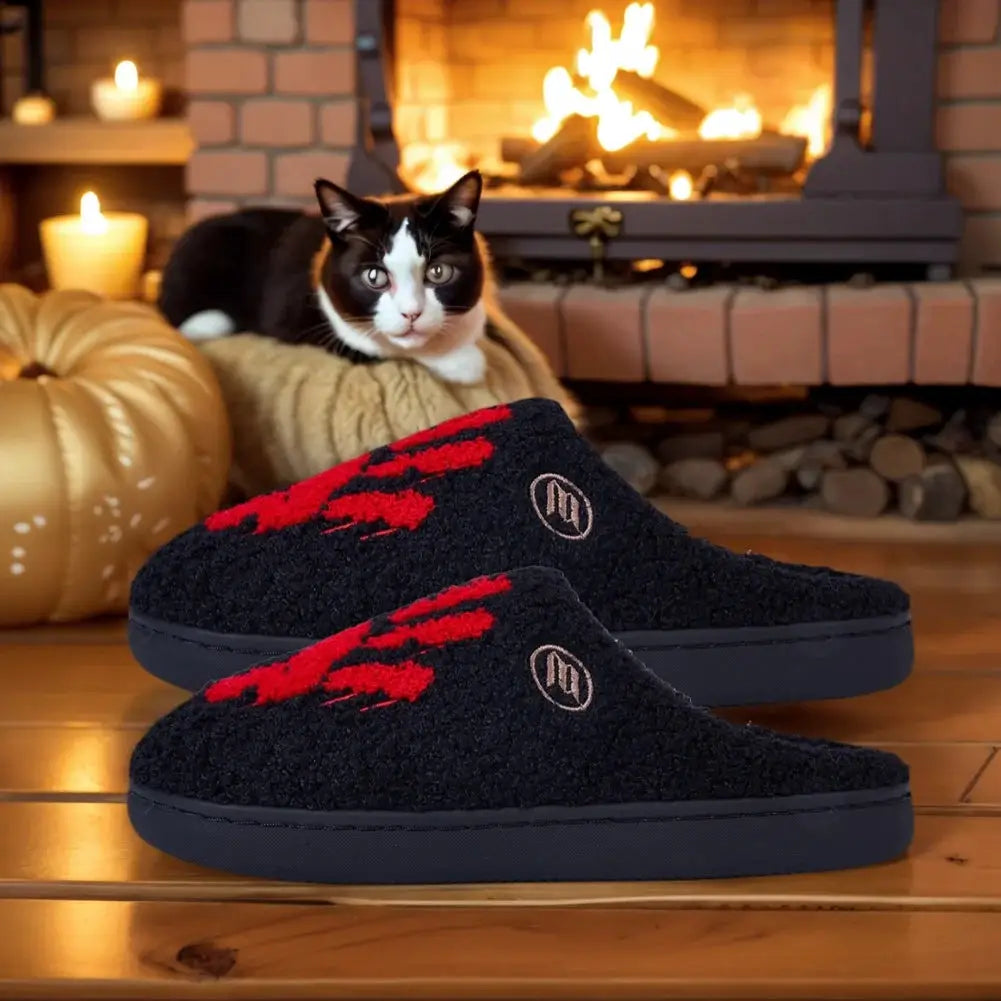 Simples Market Halloween palm plush slippers, black fuzzy slip-ons with red palm print.