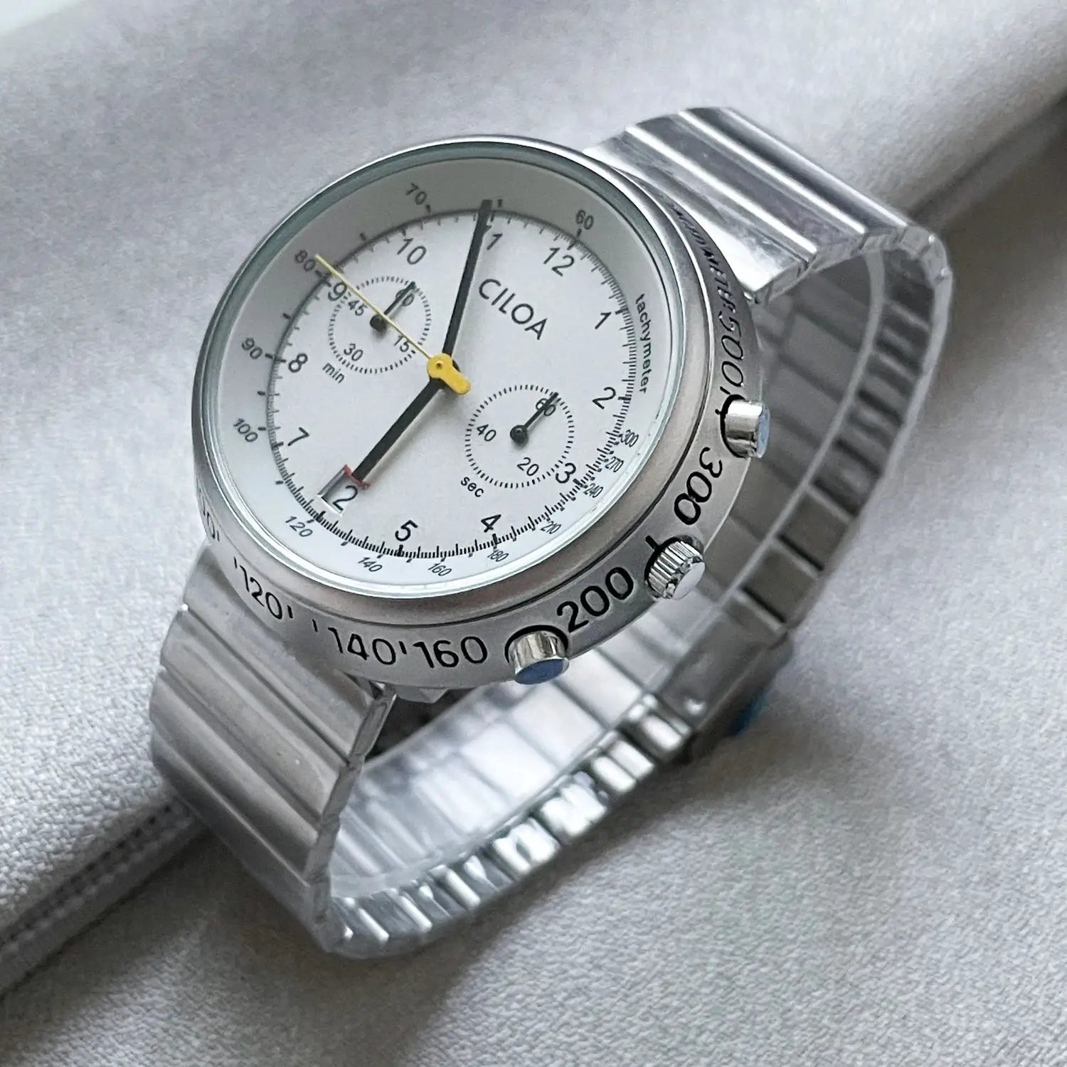 CILOA men's stainless steel chronograph watch with large white dial and tachymeter bezel