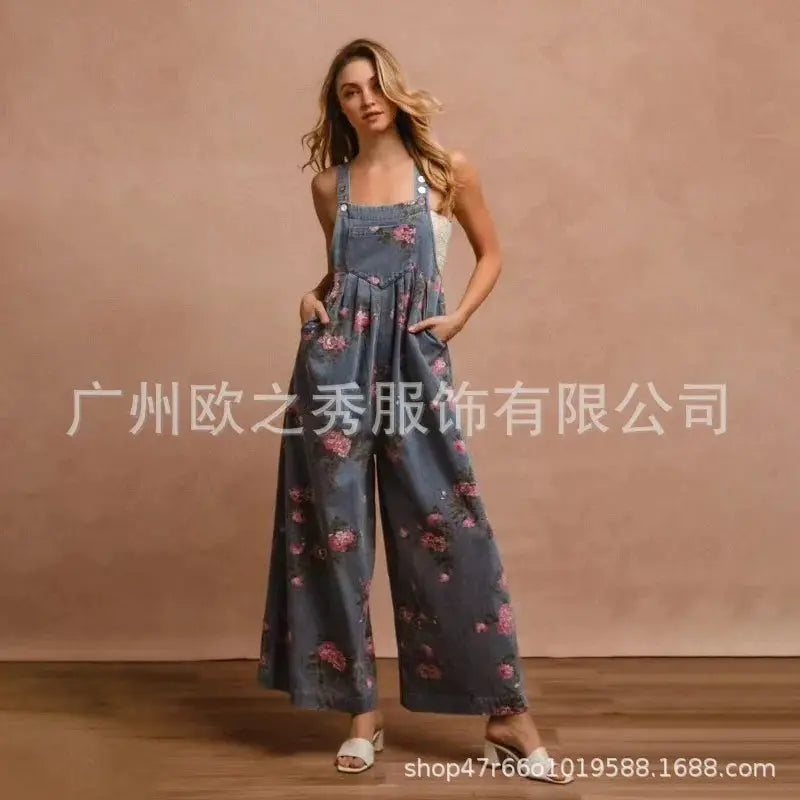 Denim floral print sleeveless jumpsuit by Simples Market, loose wide-leg overalls with pockets.