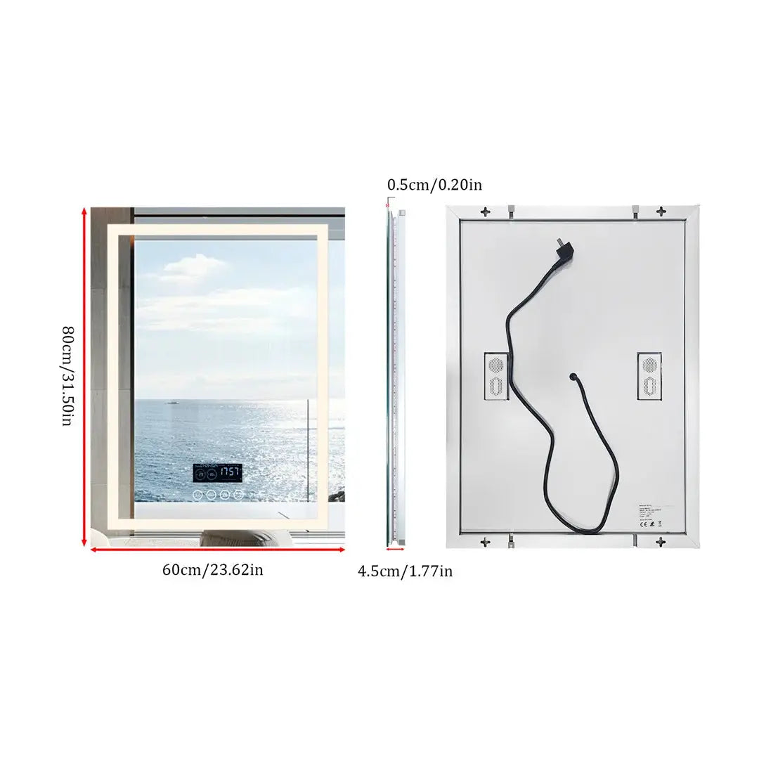 LUVODI large rectangular LED bathroom mirror with anti-fog and Bluetooth speaker, 60×80 cm, 3-color temp, white frame