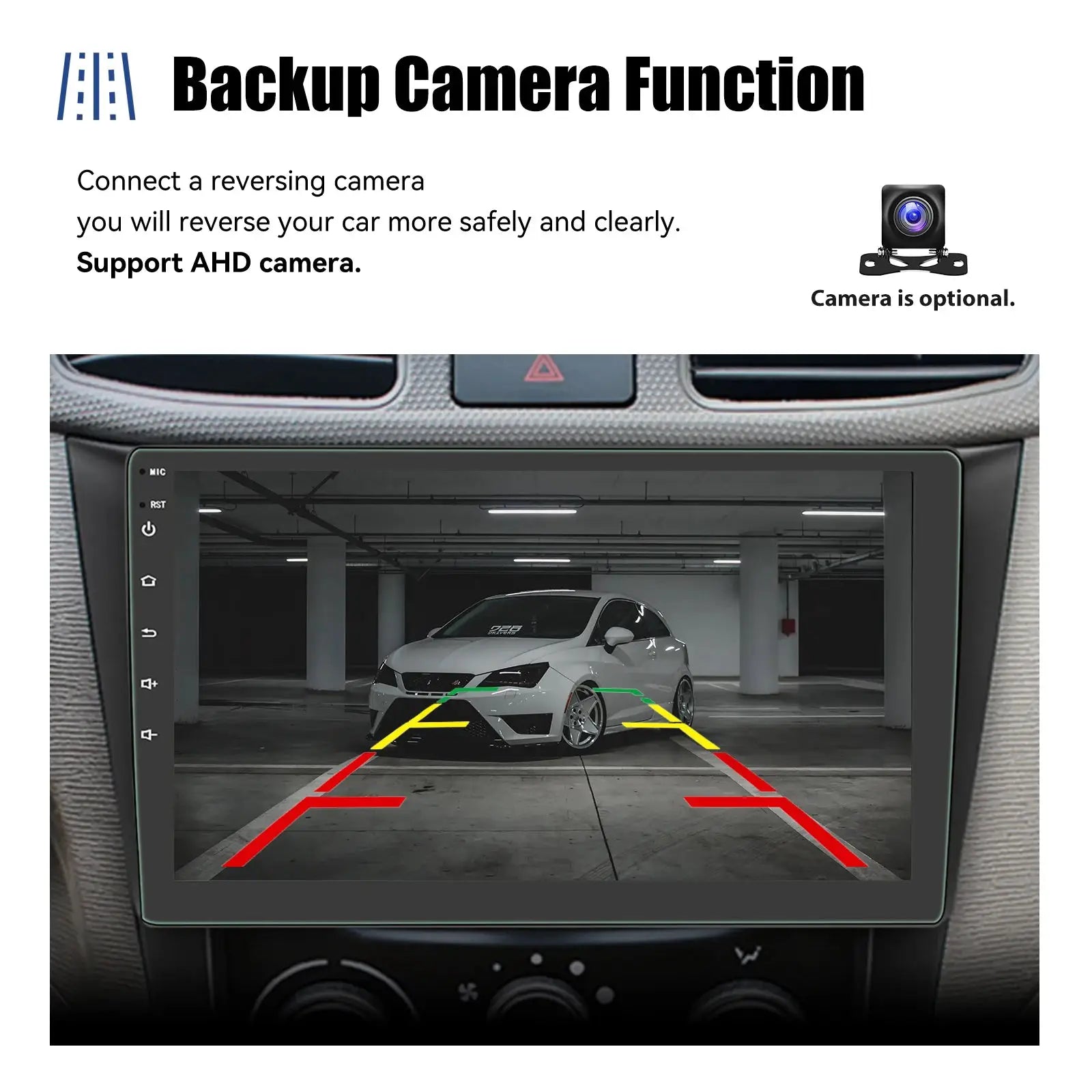 ESSGOO dual-DIN Android car stereo with 7/9/10 inch touchscreen; backup camera support shown.