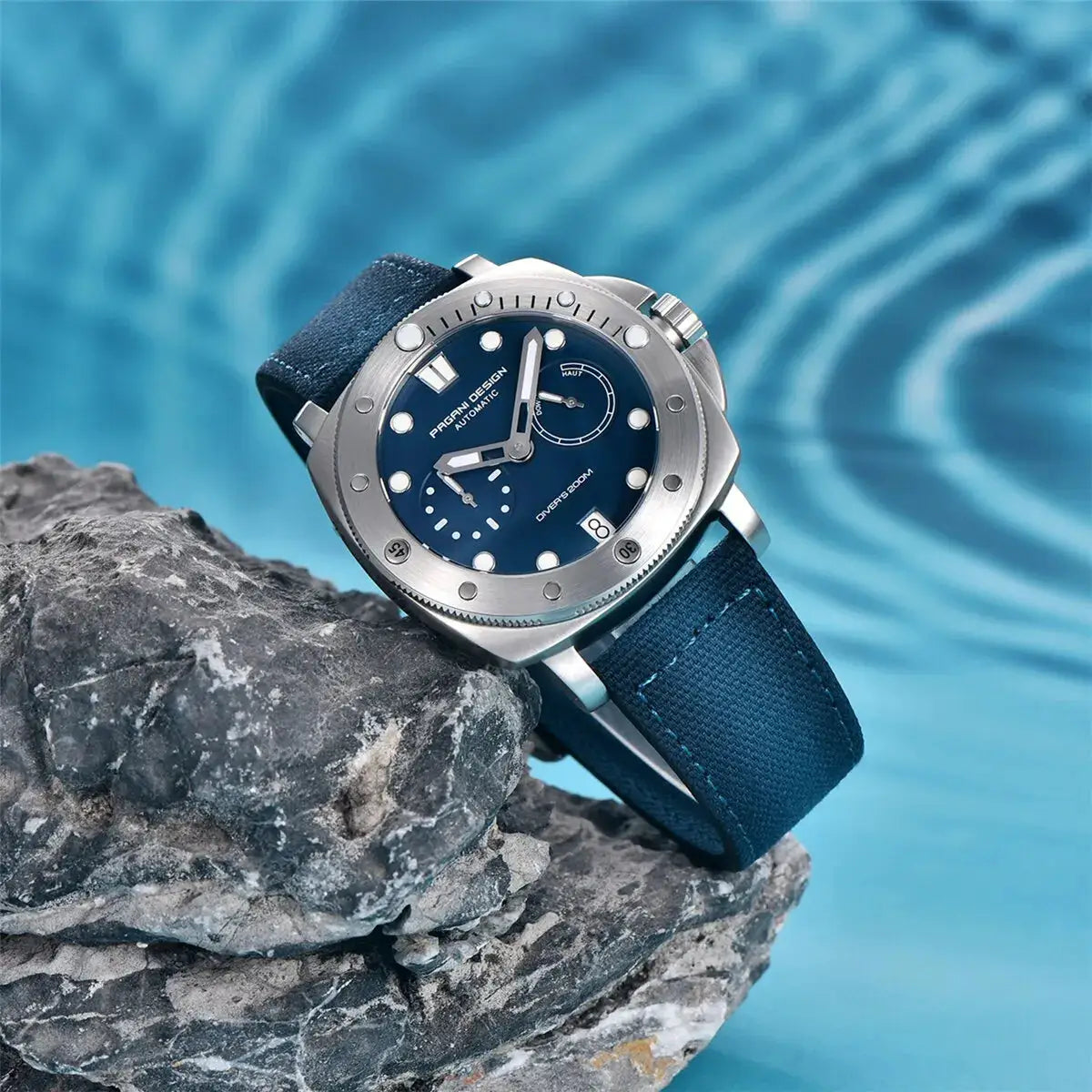 PAGANI Design automatic diver watch for men with blue dial, blue strap, steel case, 200M water resistance.
