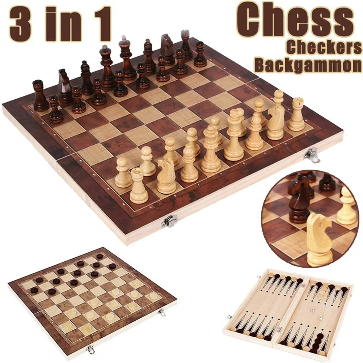 New 3 In 1 Wooden Checkers Backgammon And Chess Set With Portable Folding Board For Travel