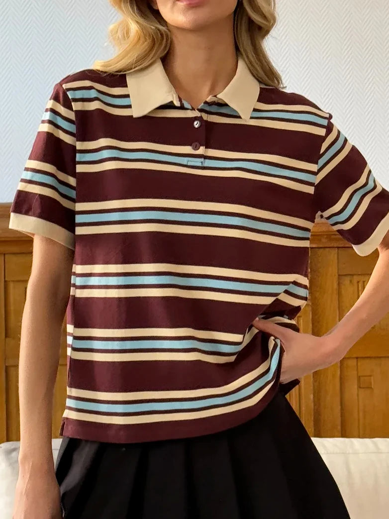 Hirsionsan Women Polo Neck T Shirt Loose Crop Top Cotton Blend Tee