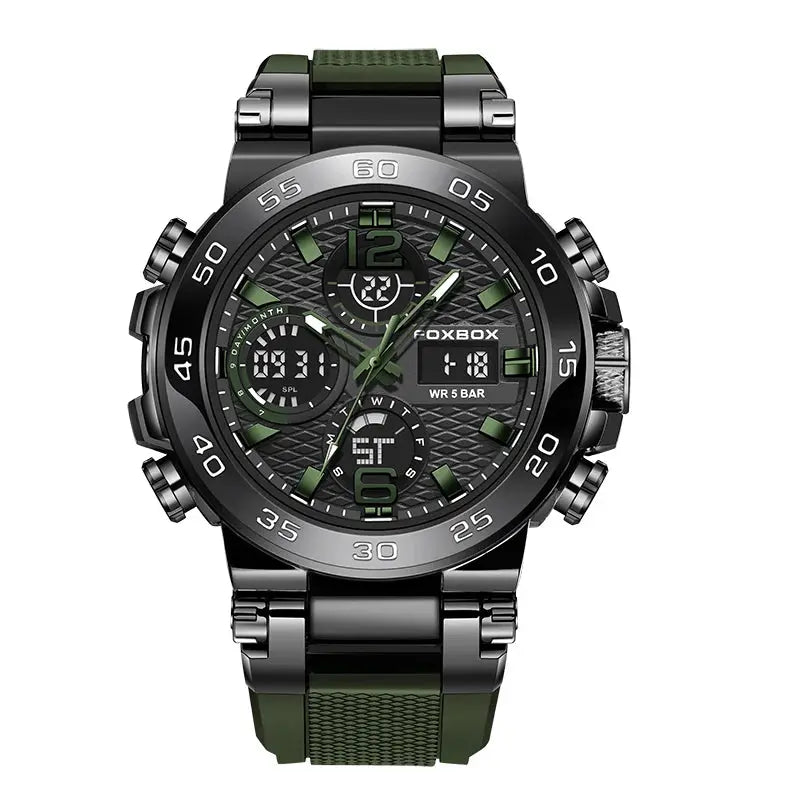 Men's wristwatch Foxbox with green accents and rugged chronograph dial