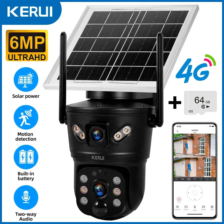 KERUI outdoor solar security camera with 6MP ultra HD, dual lens, 4G SIM/WiFi