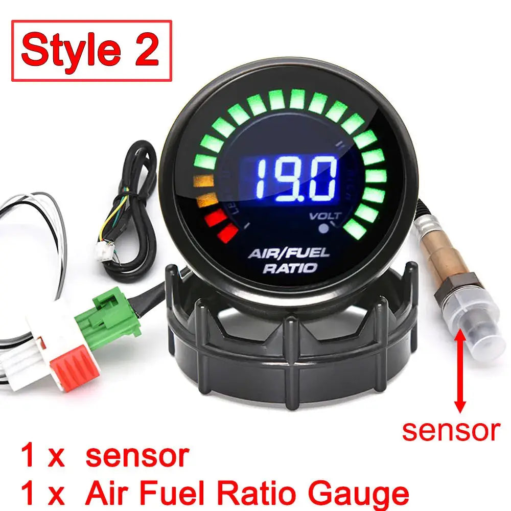 Air-Fuel Ratio Gauge by Simples Market, 52mm, 2-in-1 voltmeter, blue display with green arc, 1 sensor included