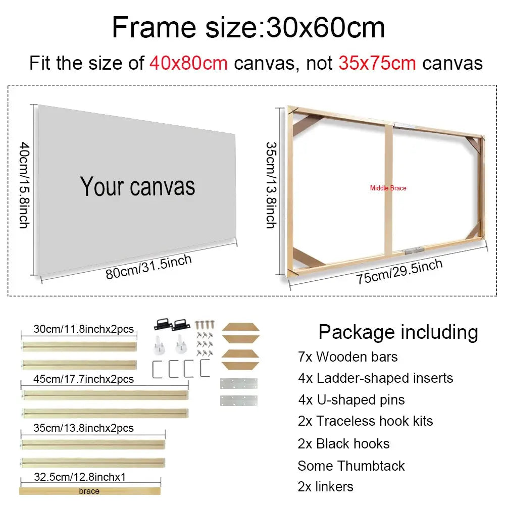 Natural wood canvas frame kit with multiple sizes; includes 7 wooden bars and assorted hardware for frame assembly.