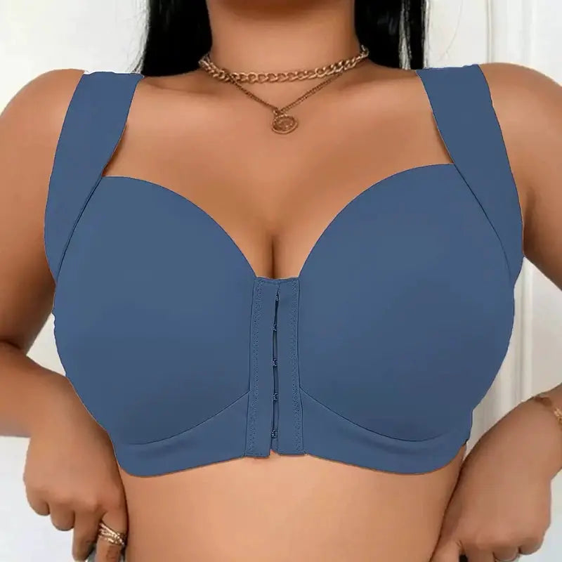 Large-size blue seamless front-button bra vest with wide straps and full-coverage cups