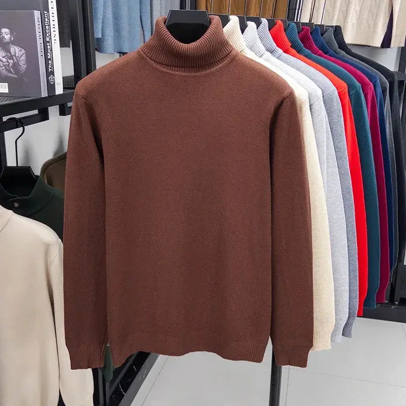 Autumn men's brown knitted turtleneck sweater by Simples Market, slim fit long sleeves
