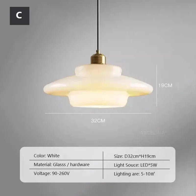 Nordic white glass pendant lamp with brass hardware, 32cm diameter, 19cm height, LED 5W, ideal for dining room or kitchen island