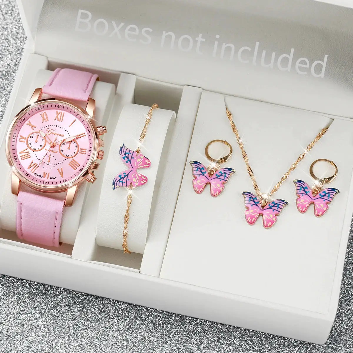 AuroraTime Womens Quartz Watch Leather Band Jewelry Set Heart Rhinestones Accent Analog Roman Numerals