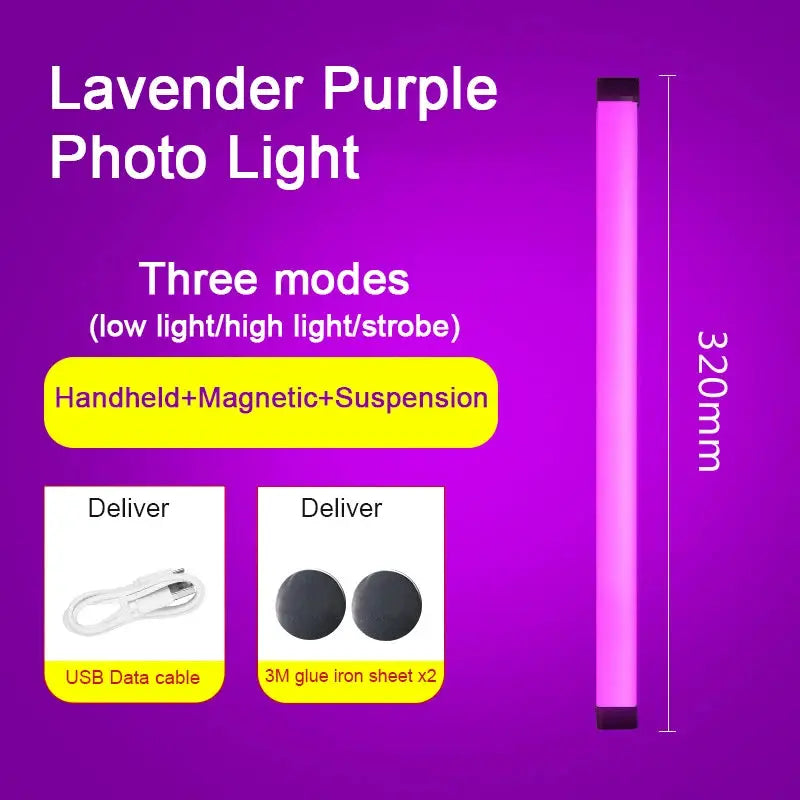 Lavender Purple LED photo light by Simples Market; RGB atmosphere fill light, rechargeable with USB cable, three modes