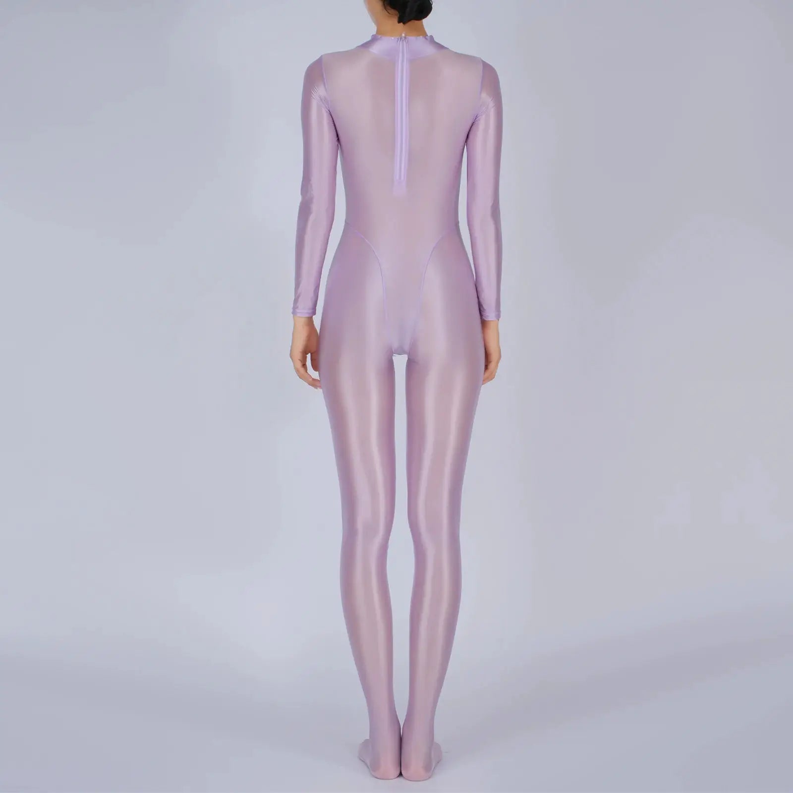Full-body lavender metallic jumpsuit with long sleeves, back zipper, and footed design.