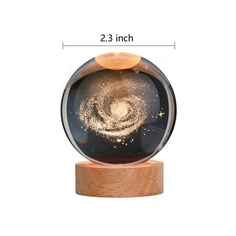 3D crystal ball night light on wooden base with solar system galaxy engraving, Simples Market