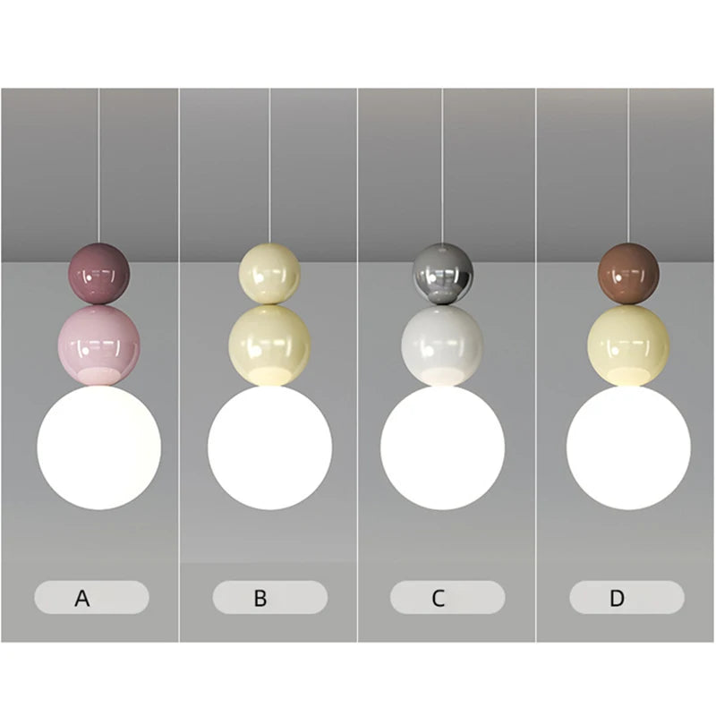 Nordic pendant light set with modern LED, stacked pastel spheres above white globe shades; four colorways.