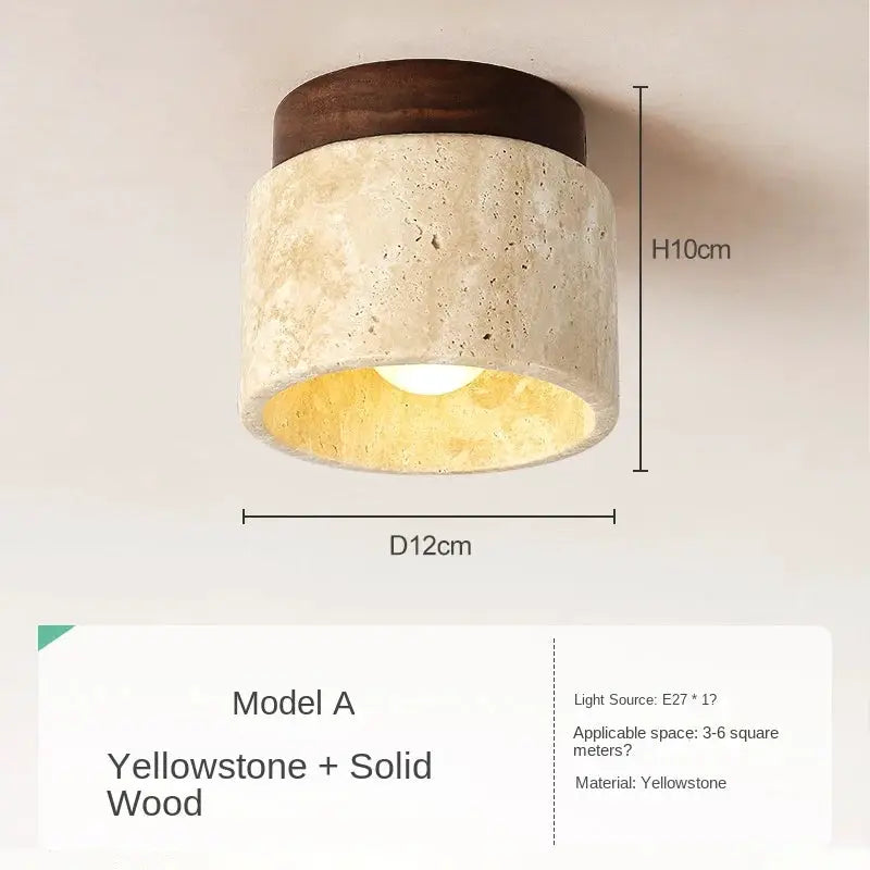 LED ceiling lamp by Simples Market; round Yellowstone stone body with solid wood top, 12 cm diameter, 10 cm height.
