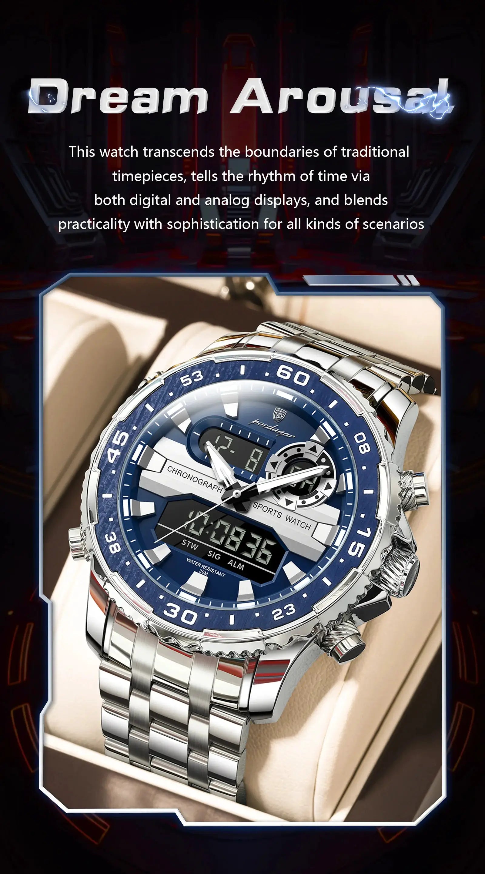 POEDAGAR men's electronic wristwatch with blue bezel, stainless steel band; digital-analog display, week/date LED