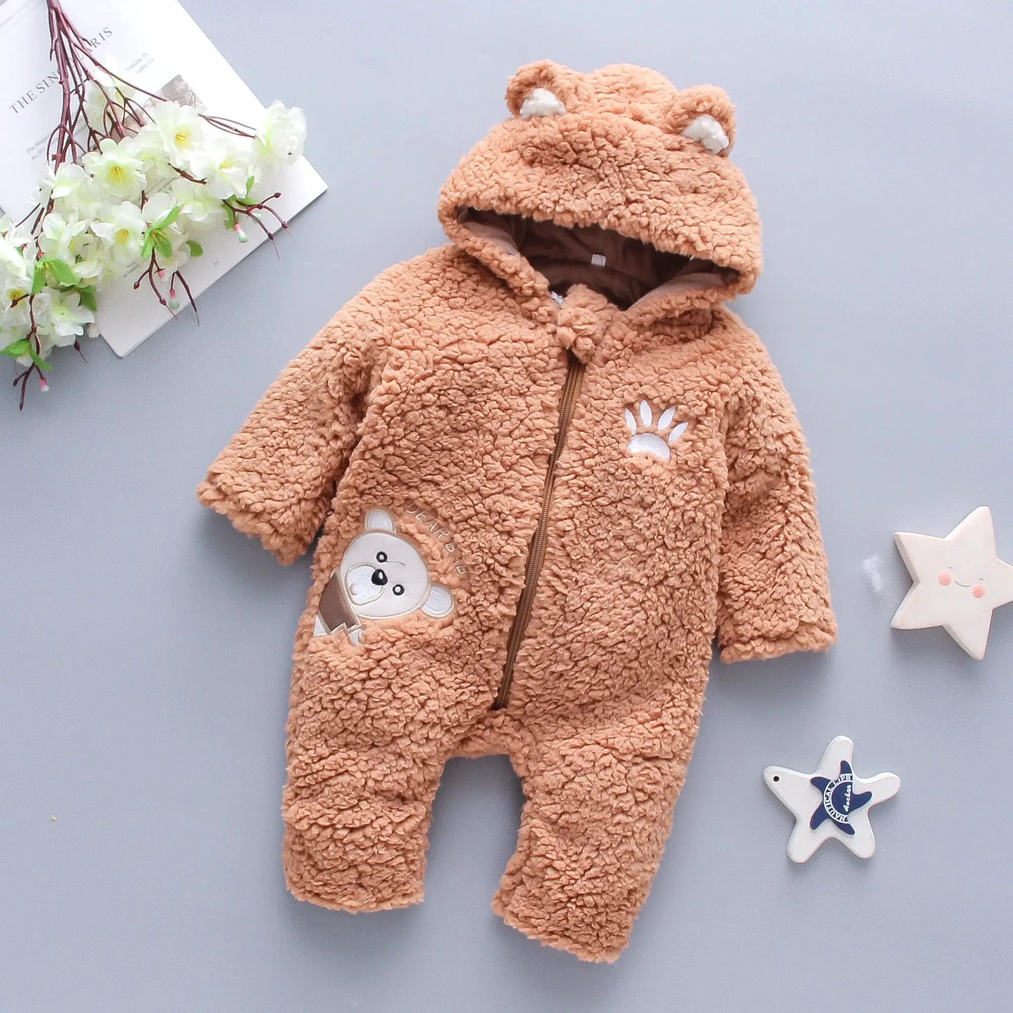 Lamb Hair Baby Jumpsuit With Cartoon Bear Embroidery Hooded Thickened Winter Crawling Suit For Girls 0 To 1 Year