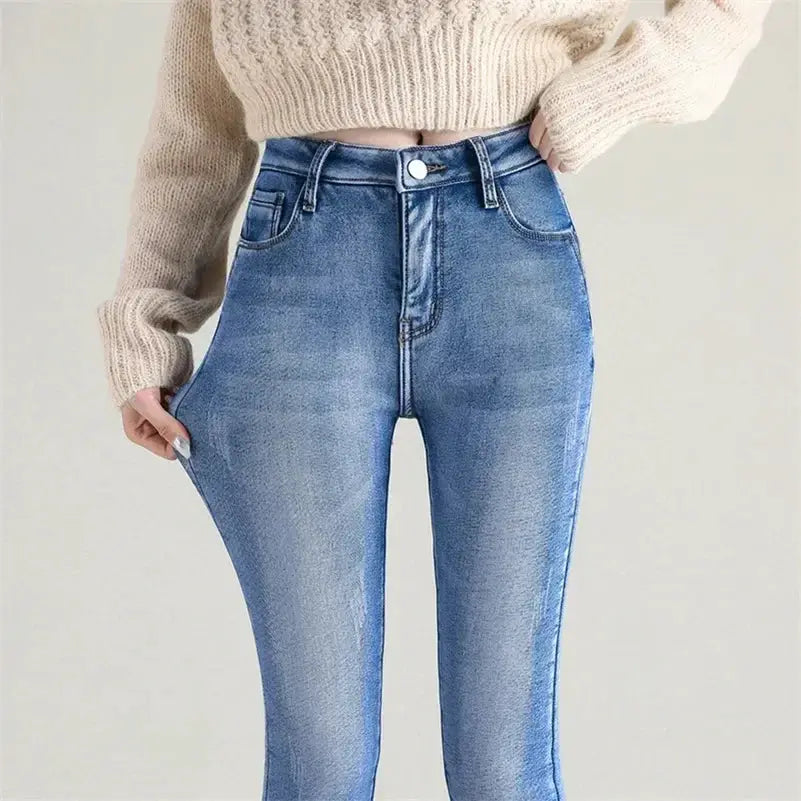 Women Thermal Skinny Jeans With Plush Lining Warm Winter Denim Pants