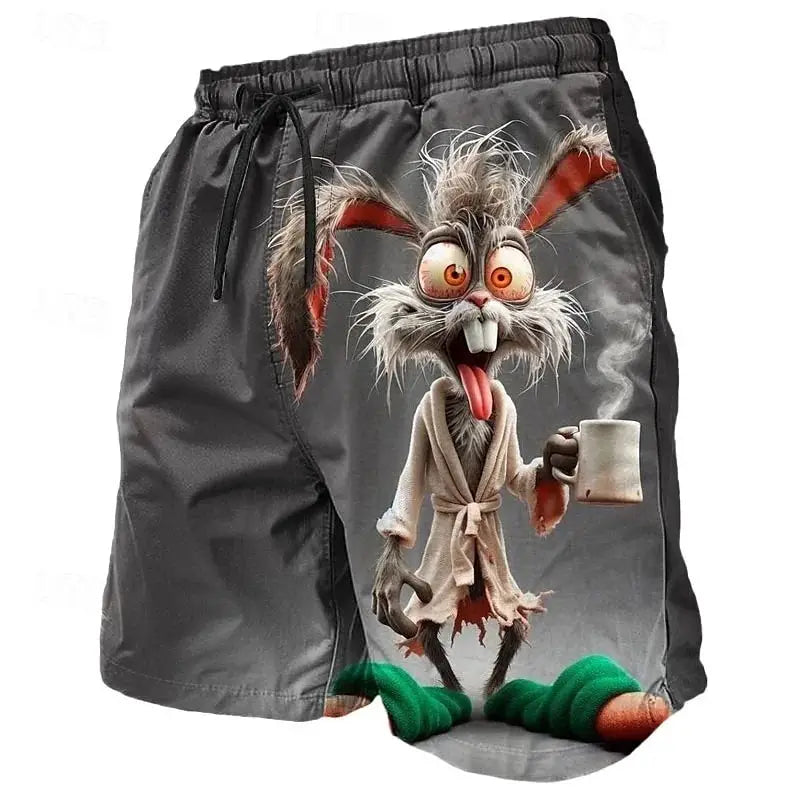 Men's 3D print gray board shorts with cartoon rabbit monster holding a mug