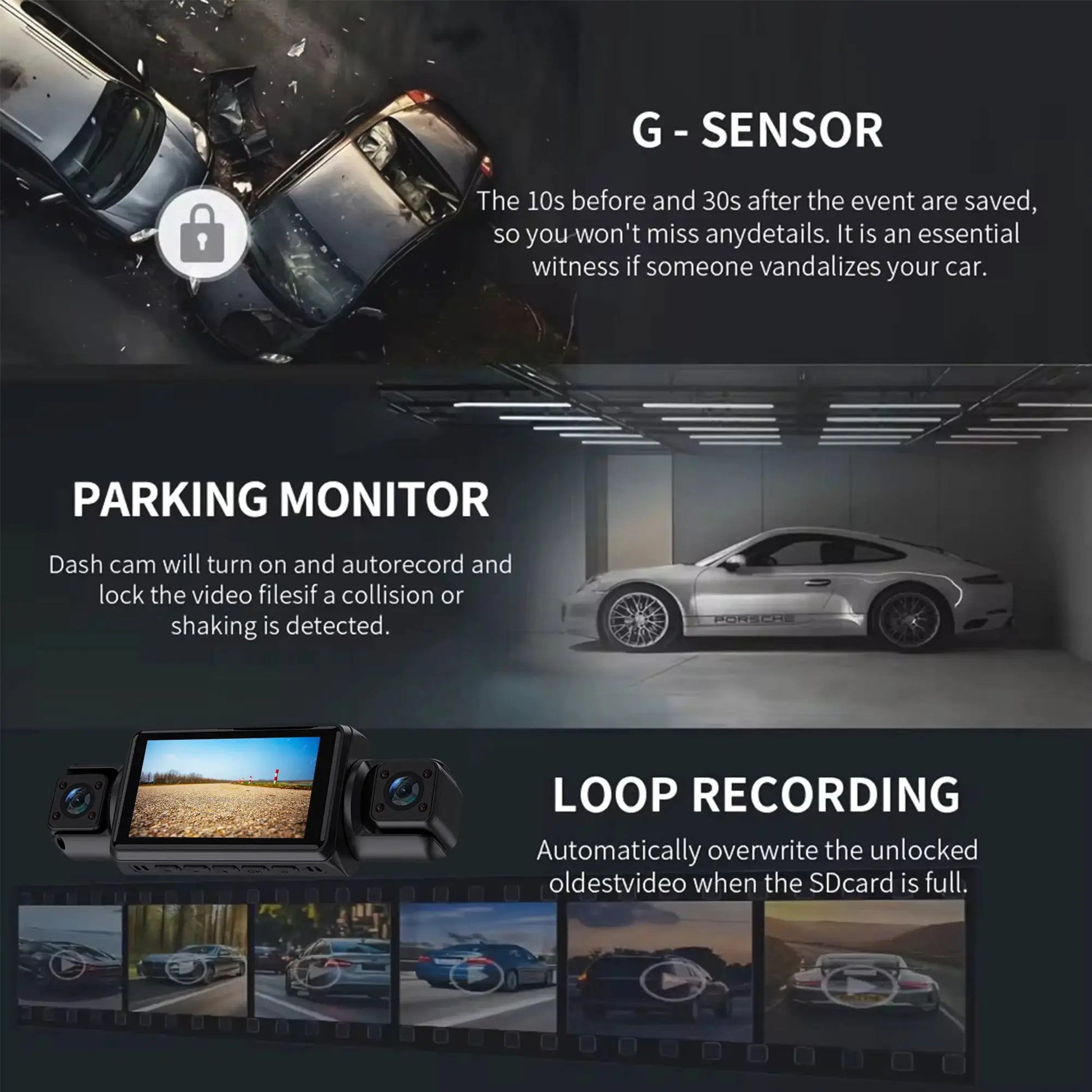 Simples Market 4Ch WiFi dashcam with front, rear, left and right cameras; black, FHD 1080p