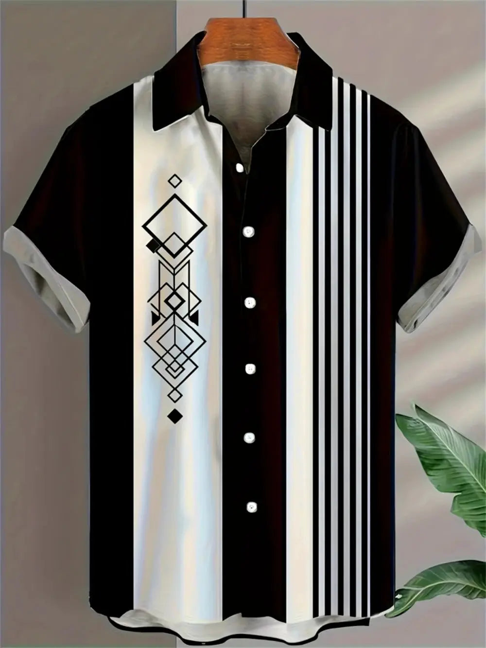 Men's shirt by Simples Market; black and white vertical stripes with a geometric left-panel print and button-front