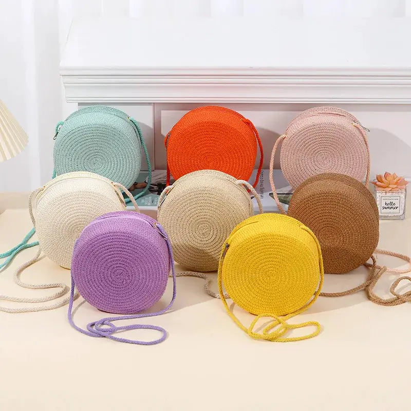 Summer Round Straw Bag for Women Handmade Woven Shoulder Bag Travel Rattan Beach Crossbody Bag
