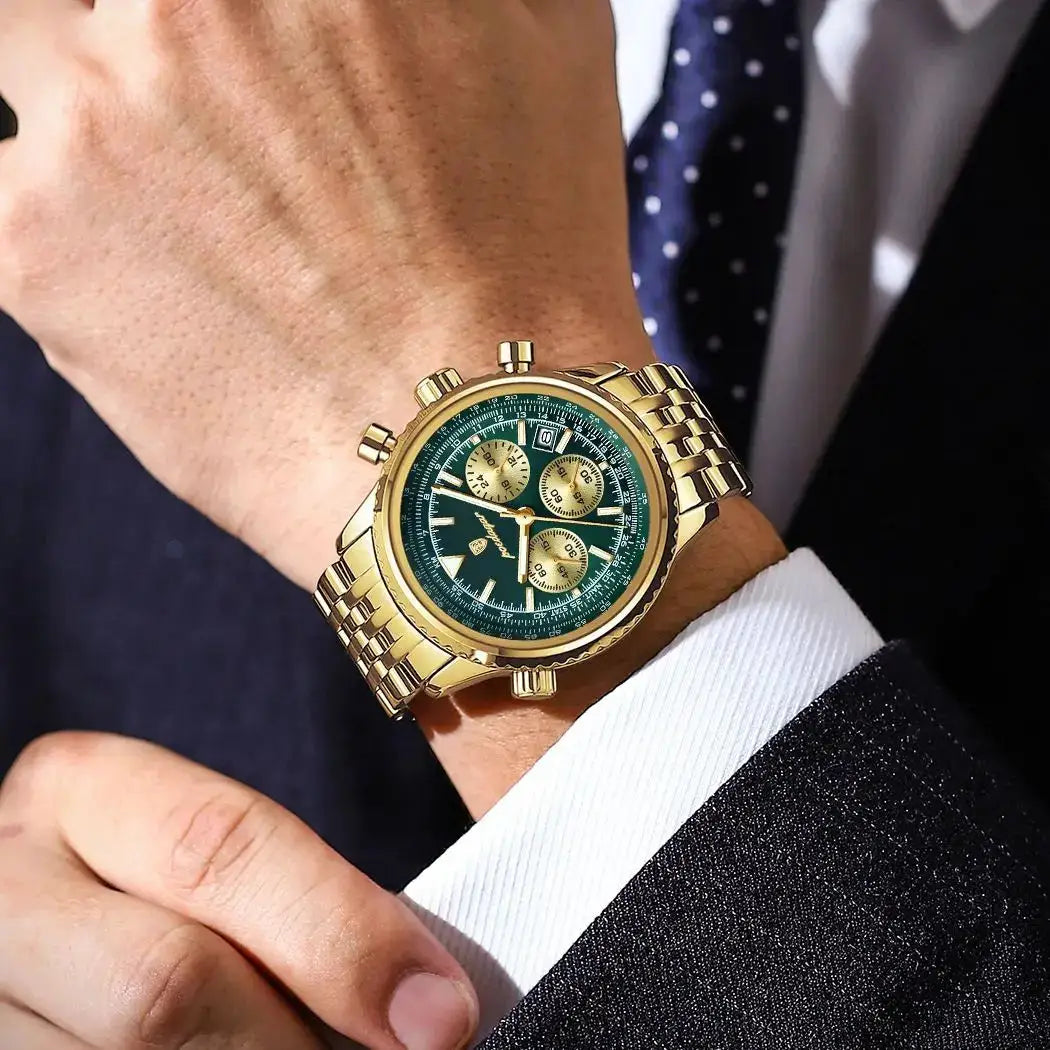 POEDAGAR men's gold-tone stainless steel chronograph wristwatch with green dial and three subdials
