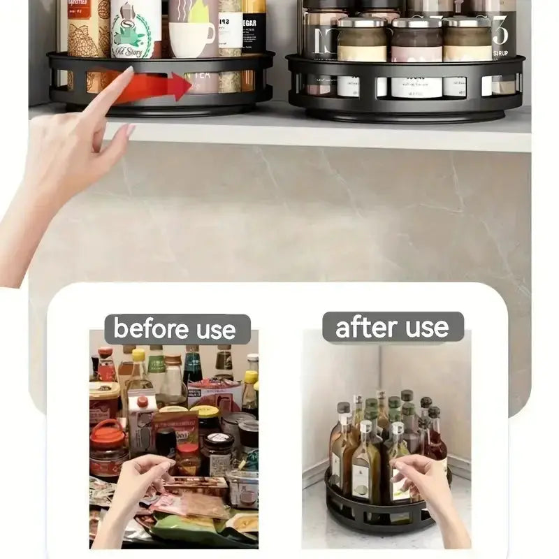 Two black 360° rotating kitchen storage boxes for spices and bottles