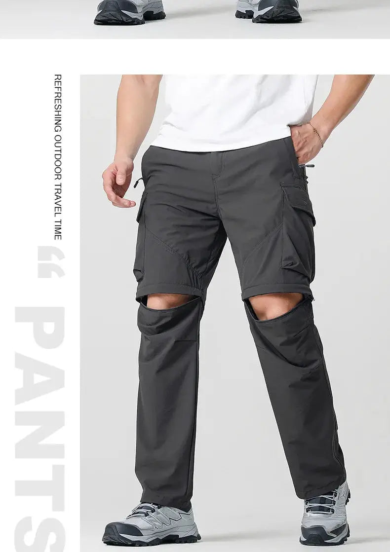Men's Cargo Hiking Convertible Pants in dark gray with knee openings and cargo pockets