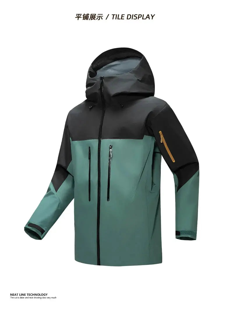 Men's windproof hooded jacket in teal and charcoal by Simples Market for outdoor use