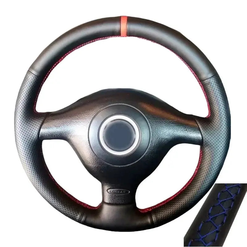 Steering wheel cover, non-slip black leather with red stitching, by Simples Market