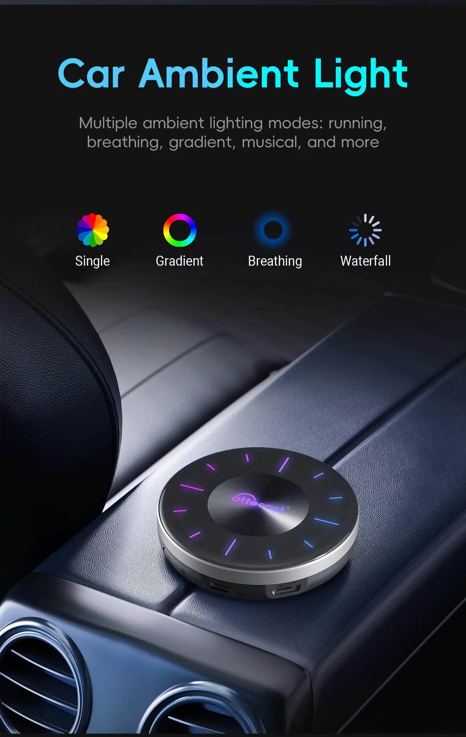OTTOCAST P3 OttoAibox CarPlay AI Box on car center console; round silver device with a colorful LED ring