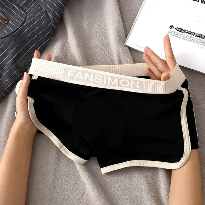 1pc men's black boxer shorts with white trim and FANSIMON waistband