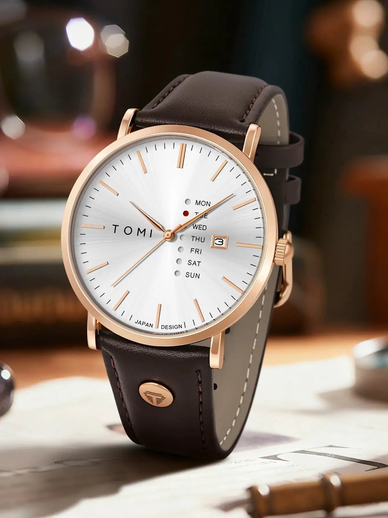 TOMI men's quartz watch with leather strap, rose-gold case, white dial and weekday calendar