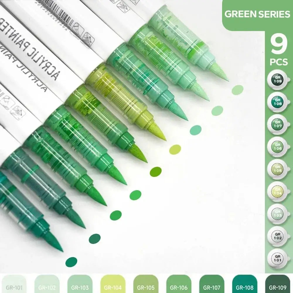 9-piece acrylic brush pen set in green tones for painting and sketching
