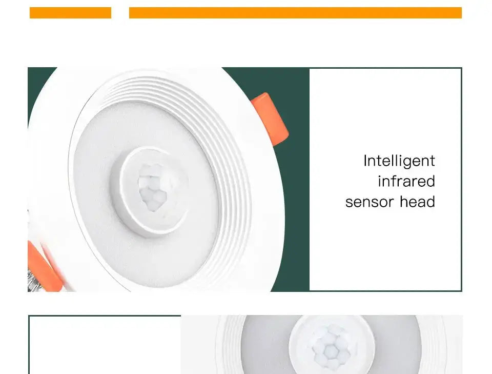 Simples Market PIR motion sensor LED downlight, white recessed ceiling light with intelligent infrared sensor head.