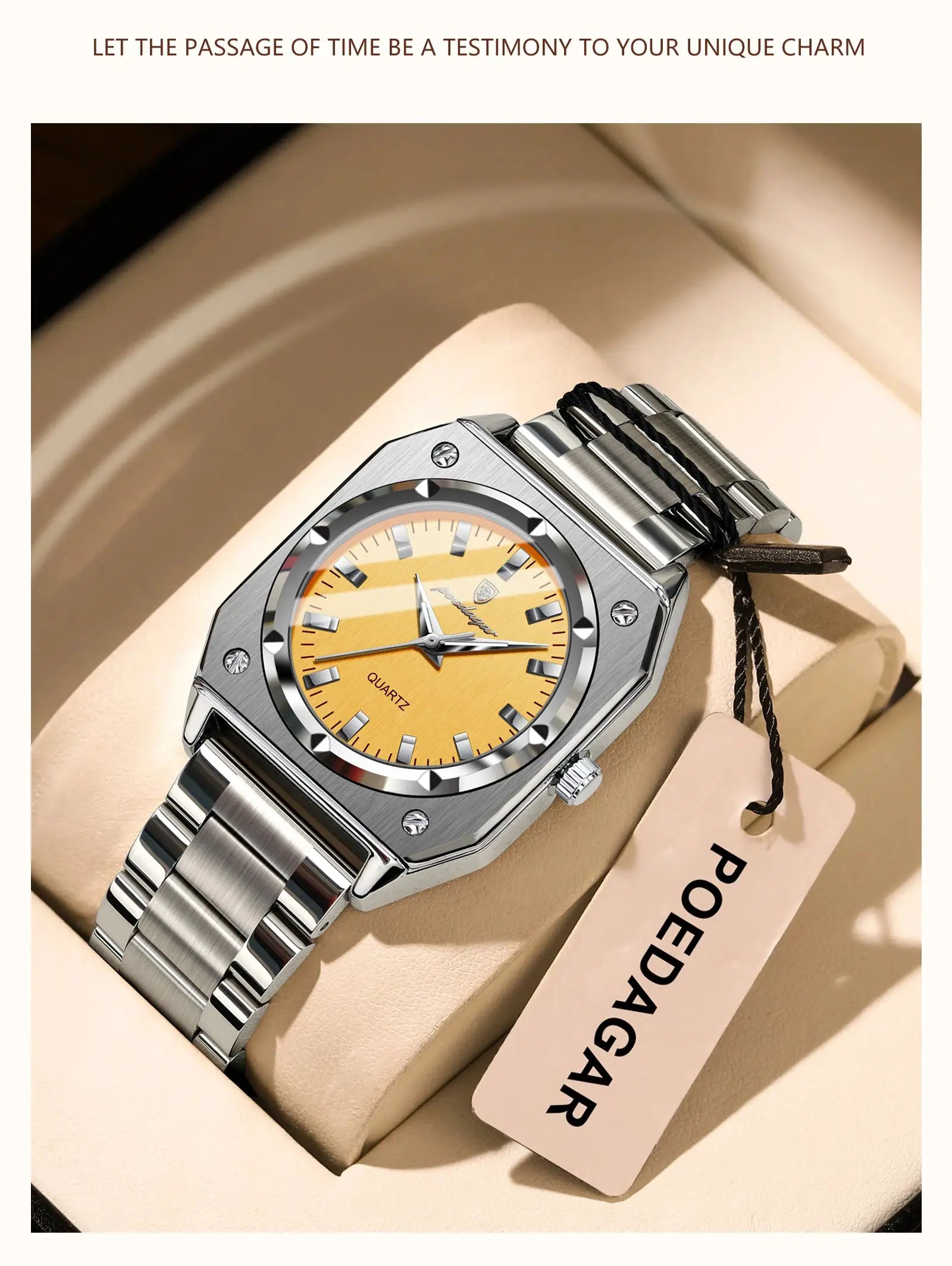 POEDAGAR ladies stainless steel wristwatch with orange dial, quartz movement, waterproof