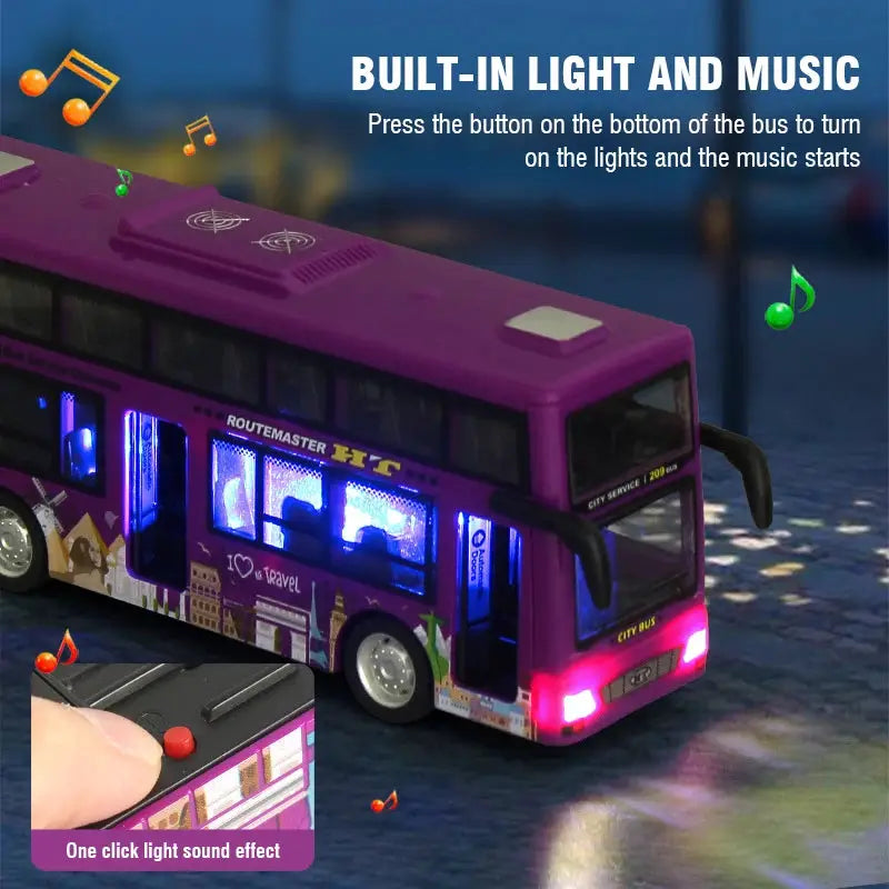 Double Decker Sightseeing Bus Model Die Cast Pull Back Toy Open Doors with Light Music for Boys