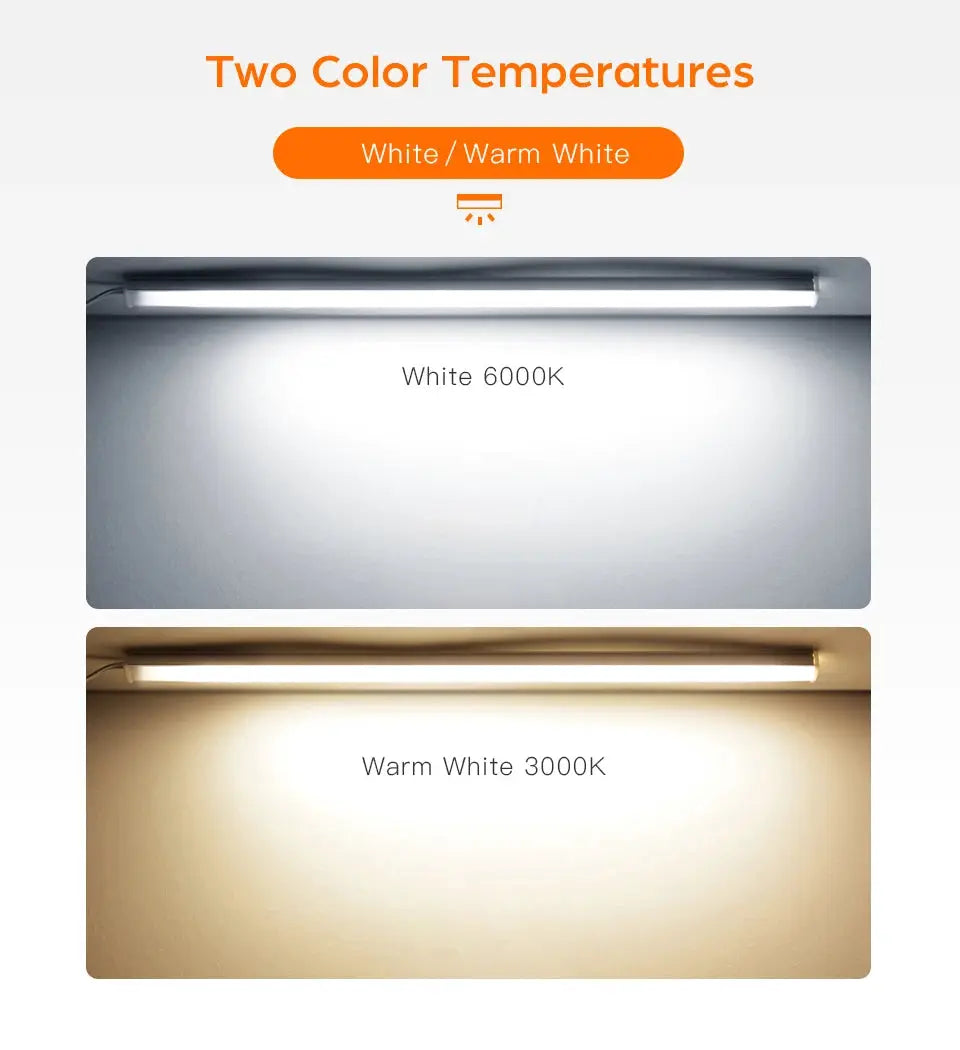 Under-cabinet LED bar light with two color temps: White 6000K and Warm White 3000K for kitchen cabinets